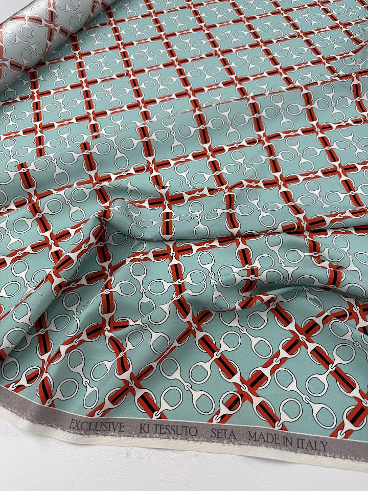 Шелк атлас стрейч (н) черно-бело-оранжевый рисунок на тиффани - итальянские ткани Тессутидея арт. 10-4866