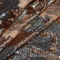 Плательная сетка расшитая пайетками (н) серебрянно-коричнево-персиковый орнамент - итальянские ткани Тессутидея арт. 03-6160