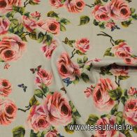 Лен (н) розы и бабочки на сером - итальянские ткани Тессутидея арт. 16-0896