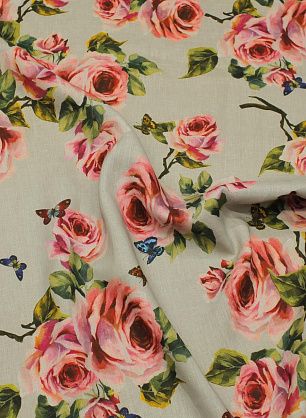 Лен (н) розы и бабочки на сером - в интернет-магазине тканей Тессутидея арт. 16-0896