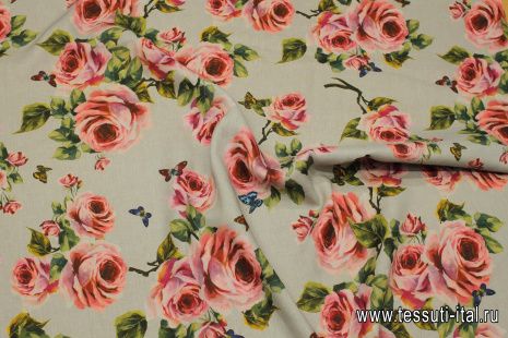 Лен (н) розы и бабочки на сером - итальянские ткани Тессутидея арт. 16-0896