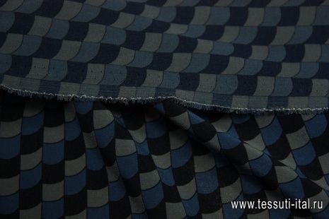 Крепдешин стрейч (н) серо-синий геометрический орнамент  - итальянские ткани Тессутидея арт. 02-5904