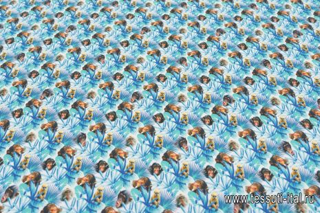 Трикотаж пике (н) обезьяны на сине-бирюзовом растительном рисунке - итальянские ткани Тессутидея арт. 12-1114