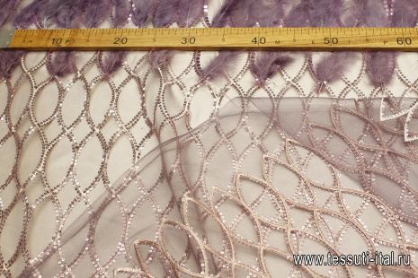 Плательная сетка расшитая пайетками и перьями (н) фиолетово-розовая - итальянские ткани Тессутидея арт. 03-6996