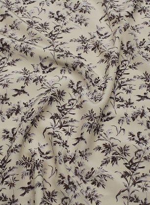 Крепдешин (н) бордово-фиолетовый растительный рисунок и птицы на бежевом - в интернет-магазине тканей Тессутидея арт. 10-4518