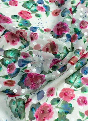 Шифон дама(н) цветочный орнамент и горох на белом - в интернет-магазине тканей Тессутидея арт. 02-8763