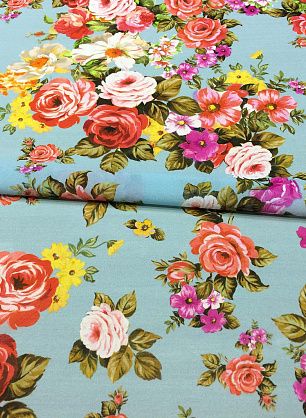 Шифон стрейч (н) яркий цветочный орнамент на голубом - в интернет-магазине тканей Тессутидея арт. 02-7944