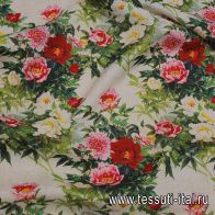 Лен (н) красно-розово-желтый цветочный рисунок  - итальянские ткани Тессутидея арт. 16-0867