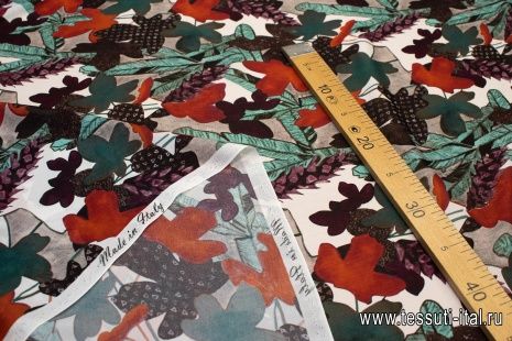Крепжоржет (н) коричнево-зелено-бордовая растительная абстракция - итальянские ткани Тессутидея арт. 02-9019