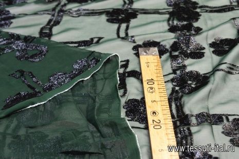 Шифон филькупе с люрексом (н) черный принт на темно-зеленом - итальянские ткани Тессутидея арт. 10-1378