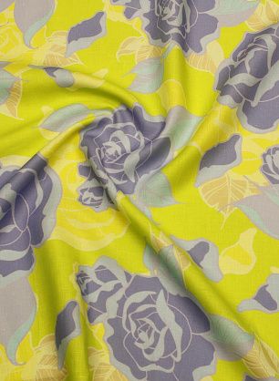 Лен (н) сине-сиреневый цветочный рисунок на желтом - в интернет-магазине тканей Тессутидея арт. 16-1086