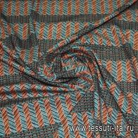 Крепдешин стрейч (н) бирюзово-оранжевый геометрический орнамент  - итальянские ткани Тессутидея арт. 03-3238