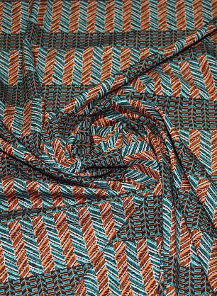 Крепдешин стрейч (н) бирюзово-оранжевый геометрический орнамент  - в интернет-магазине тканей Тессутидея арт. 03-3238