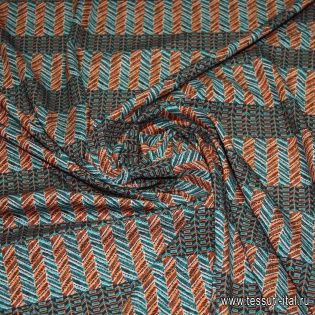 Крепдешин стрейч (н) бирюзово-оранжевый геометрический орнамент  - итальянские ткани Тессутидея арт. 03-3238