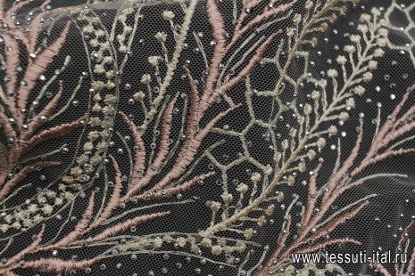 Кружевное полотно с люрексом расшитое стразами (н) розово-бежевое - итальянские ткани Тессутидея арт. 03-6944