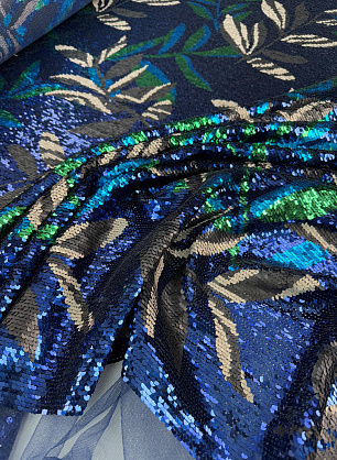 Плательная сетка расшитая пайетками (н) растительный рисунок на темно-синем - в интернет-магазине тканей Тессутидея арт. 03-7537