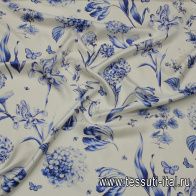Шелк твил (н) сине-голубой растительный рисунок на белом - итальянские ткани Тессутидея арт. 10-3364