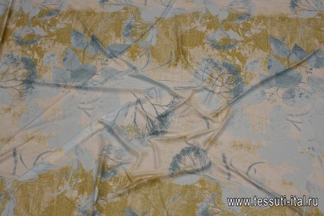 Плащевая (н) крупный голубой растительный рисунок на бело-оливковом - итальянские ткани Тессутидея арт. 11-0468
