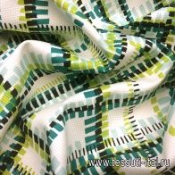 Плательная пике стрейч (н) черно-бирюзово-зеленый геометрический орнамент на белом - итальянские ткани Тессутидея арт. 01-4666