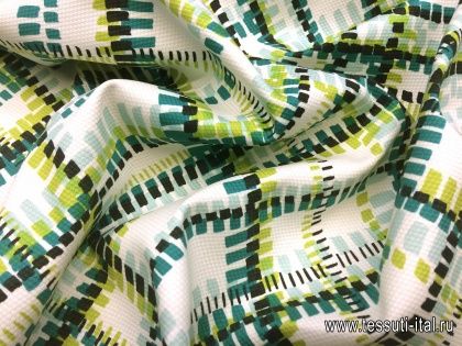 Плательная пике стрейч (н) черно-бирюзово-зеленый геометрический орнамент на белом - итальянские ткани Тессутидея арт. 01-4666