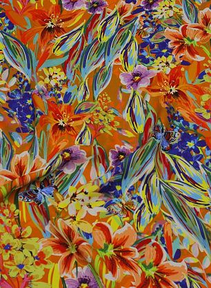 Плательная вискоза кади (н) яркий цветочный рисунок и бабочки на оранжевом - в интернет-магазине тканей Тессутидея арт. 04-1623