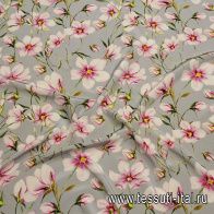 Крепдешин (н) бело-розовый цветочный рисунок на светло-сером - итальянские ткани Тессутидея арт. 10-3709