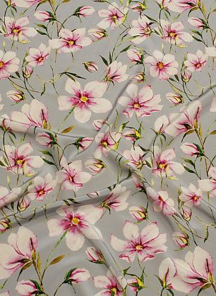 Крепдешин (н) бело-розовый цветочный рисунок на светло-сером - в интернет-магазине тканей Тессутидея арт. 10-3709