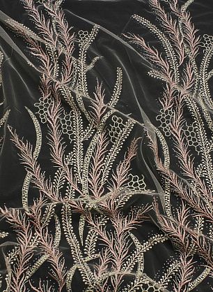 Кружевное полотно с люрексом расшитое стразами (н) розово-бежевое - в интернет-магазине тканей Тессутидея арт. 03-6944