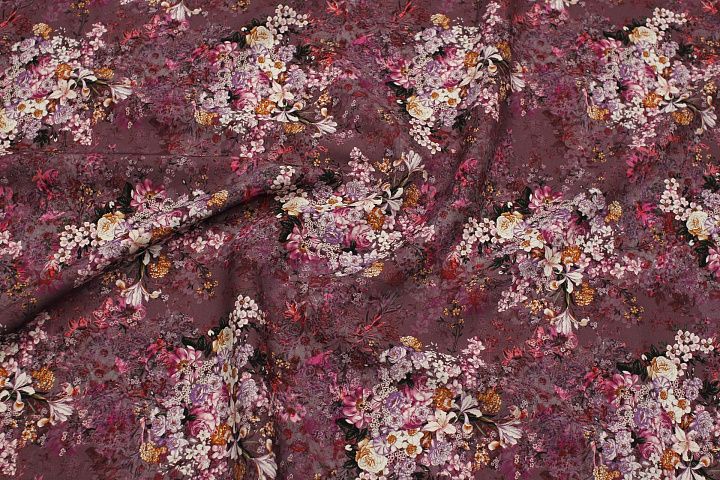 Плательная кади вискоза стрейч (н) цветочный рисунок на серо-бордовом - итальянские ткани Тессутидея арт. 04-1792