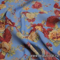 Шелк фактурный (н) бежево-бордовые цветы на ярко-голубом - итальянские ткани Тессутидея арт. 10-3104