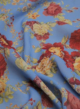 Шелк фактурный (н) бежево-бордовые цветы на ярко-голубом - в интернет-магазине тканей Тессутидея арт. 10-3104