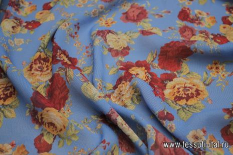 Шелк фактурный (н) бежево-бордовые цветы на ярко-голубом - итальянские ткани Тессутидея арт. 10-3104