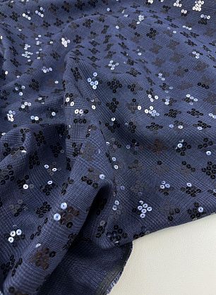 Лен расшитый пайетками (н) синяя клетка - в интернет-магазине тканей Тессутидея арт. 16-1137