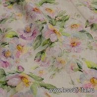 Лен (н) желто-розово-голубой цветочный рисунок на белом - итальянские ткани Тессутидея арт. 16-0857