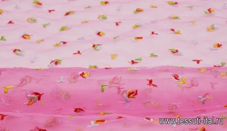 Органза с вышивкой (н) мелкий цветочный орнамент на розовом - итальянские ткани Тессутидея арт. 03-5396
