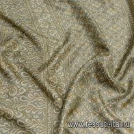 Шелк твил (н) бежево-коричневые вензеля на хаки - итальянские ткани Тессутидея арт. 10-2475