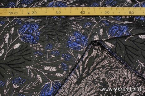 Жаккард матлассе с люрексом (н) сине-серебряные цветы на черном - итальянские ткани Тессутидея арт. 03-6939