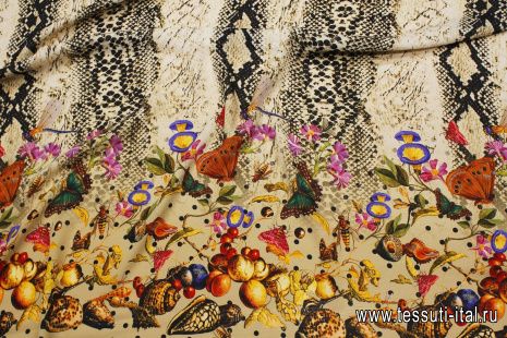 Крепжоржет купон (1,35м) (н) насекомые и фрукты на змеином принте - итальянские ткани Тессутидея арт. 10-3554