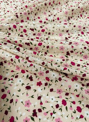 Плательная вискоза+лен (н) цветочный рисунок на светло-бежевом - в интернет-магазине тканей Тессутидея арт. 04-1826