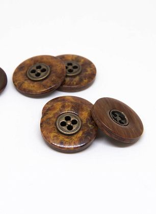 Пуговица пластик 4 прокола d-21мм бежево-коричневая меланж с бронзовой вставкой - в интернет-магазине тканей Тессутидея арт. F-4666
