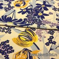 Крепдешин (н) сине-желто-сиреневый цветочный орнамент на бежевом - итальянские ткани Тессутидея арт. 02-7719
