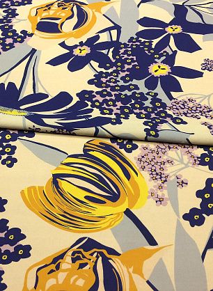 Крепдешин (н) сине-желто-сиреневый цветочный орнамент на бежевом - в интернет-магазине тканей Тессутидея арт. 02-7719