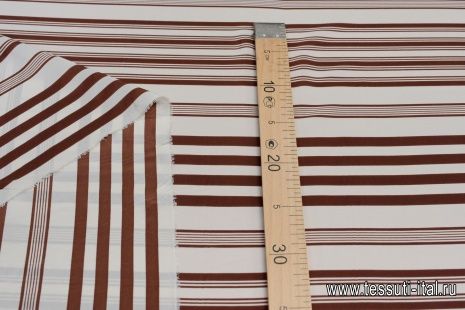 Крепдешин (н) бело-коричневая стилизованная полоска  - итальянские ткани Тессутидея арт. 10-2460