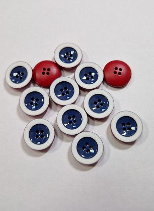 Пуговица костюмная пластик 4 прокола d-15мм красно-сине-белая - в интернет-магазине тканей Тессутидея арт. F-6013