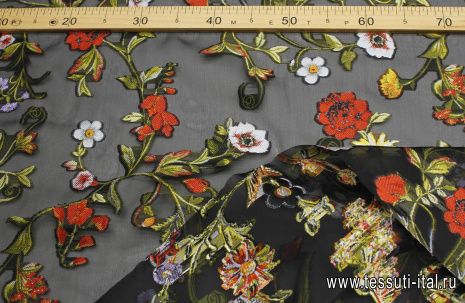 Органза филькупе (н) крупный цветочный рисунок на черном - итальянские ткани Тессутидея арт. 10-3621