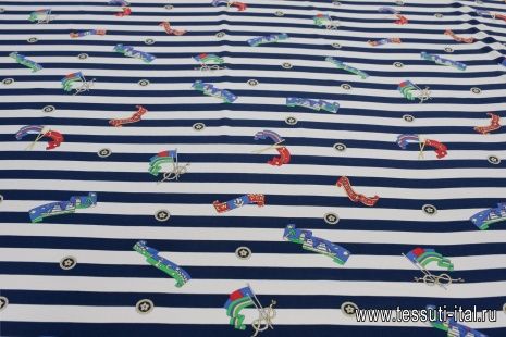 Крепдешин (н) морская тема на сине-белой полоске в стиле Ralph Lauren - итальянские ткани Тессутидея арт. 10-2481
