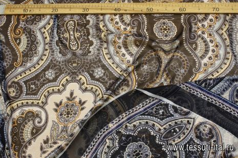 Шифон купон (1,35м) (н) бежево-голубой восточный рисунок на черном - итальянские ткани Тессутидея арт. 10-3555
