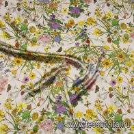 Шелк атлас (н) желто-розовый цветочный рисунок на белом - итальянские ткани Тессутидея арт. 10-3791