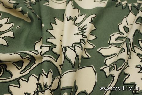 Плательная вискоза+лен (н) черно-молочная цветочная абстракция на зеленом - итальянские ткани Тессутидея арт. 04-1804