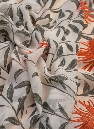Шифон купон (1,35м) (н) серо-оранжевый растительный орнамент на айвори - в интернет-магазине тканей Тессутидея арт. 02-9022